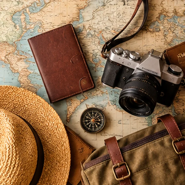 Travel journal, map and camera